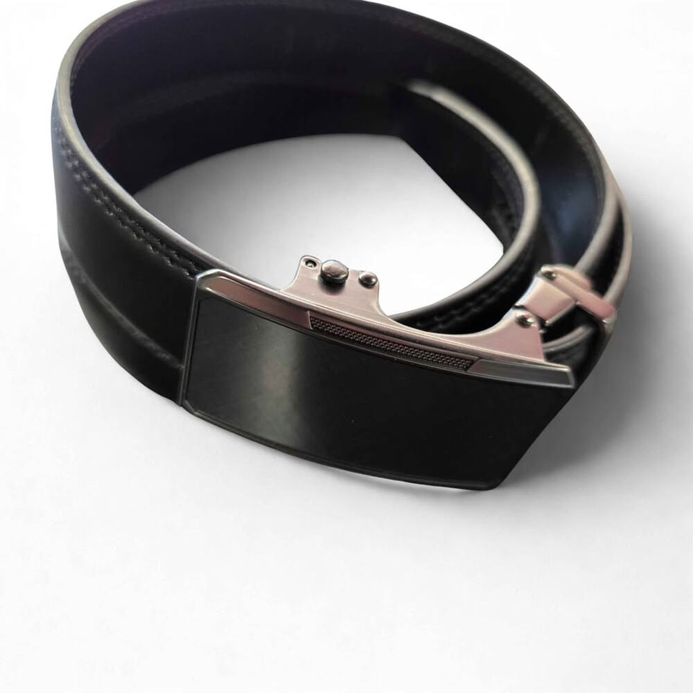 CHAOREN Men's Black Leather Ratchet Belt - Brushed Gunmetal‎ Adjustable Slide